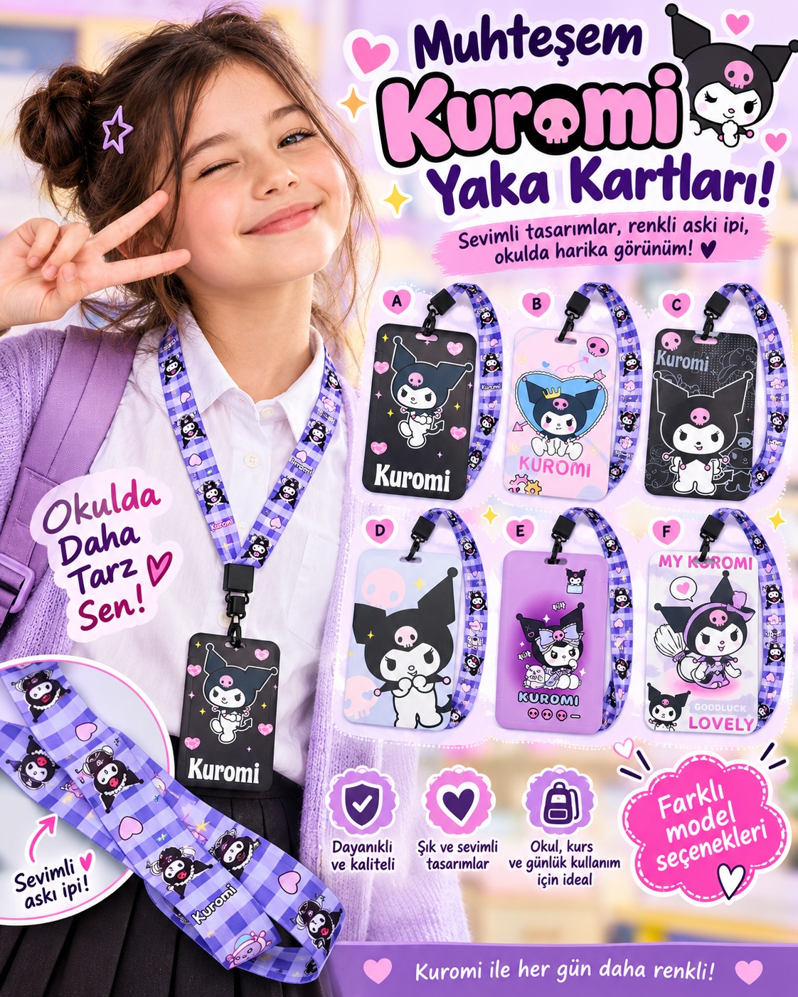 Kuromi Yaka Kartı Boyun Askılı Kimlik Kartı Kılıfı – Okul Kurs ve Günlük Kullanım